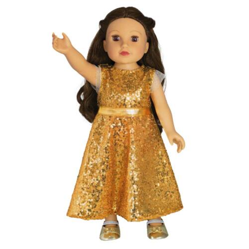 Eine Puppe trägt das festliche Kleid Goldstar von Heless.