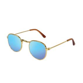 Die modische Sonnenbrille von Heless hat ein goldfarbenes Gestell und hellblau getönte Brillengläser.