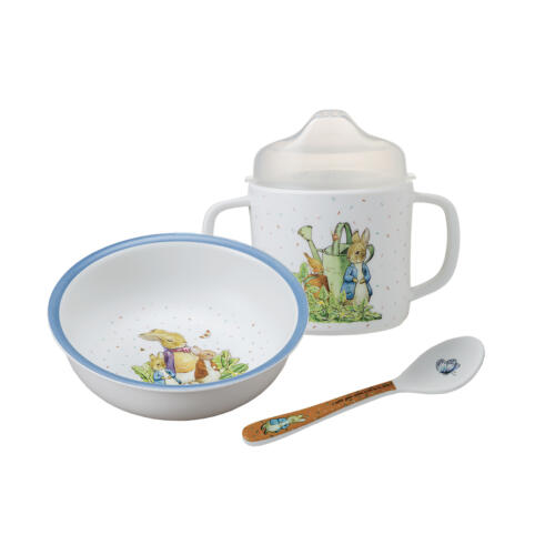 Das 3-teilige Babygeschirr-Set ist mit niedlichen Peter-Hase-Motiven verziert.
