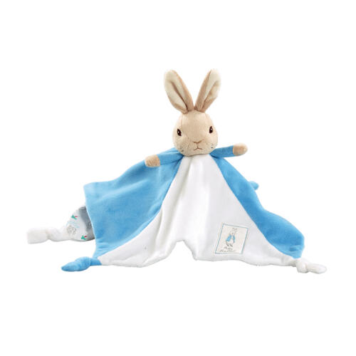 Das Peter Hase Schmusetuch ist in hellblau und weiß gestaltet hat einen niedlichen Häschenkopf.
