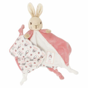 Das Flopsy Bunny Schmusetuch ist in rosa und weiß gestaltet hat einen niedlichen Häschenkopf.