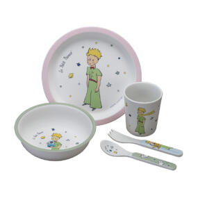 Alle Teile des Kindergeschirr sind mit Motiven aus der Geschichte Der kleine Prinz verziert.