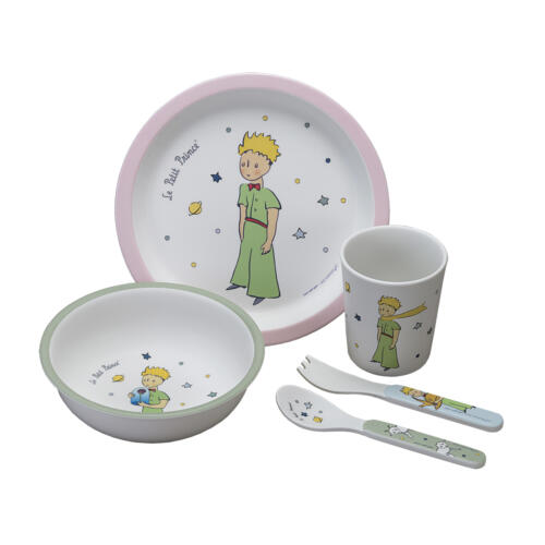 Alle Teile des Kindergeschirr sind mit Motiven aus der Geschichte Der kleine Prinz verziert.