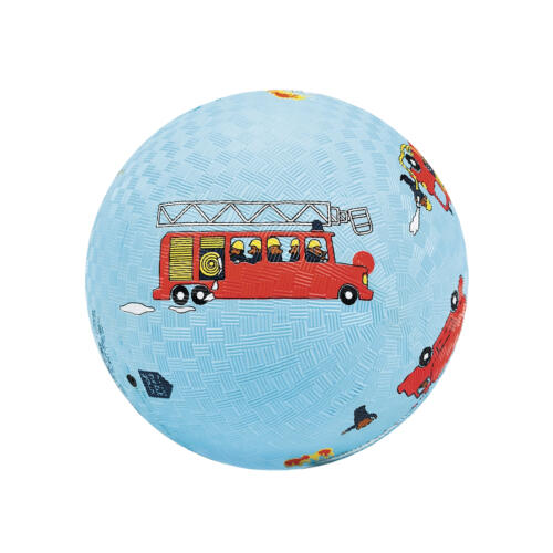 Der hellblaue Spielball ist mit roten Feuerwehrautos verziert.