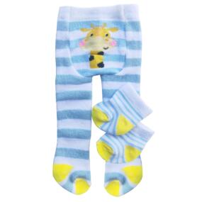 Die Puppenstrumpfhose und die Söckchen sind blau und weiß gestreift.