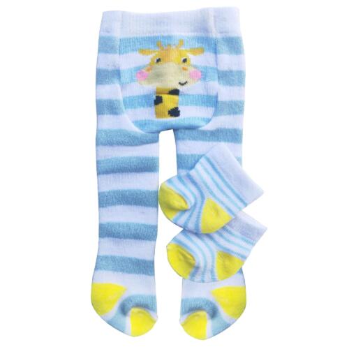 Die Puppenstrumpfhose und die Söckchen sind blau und weiß gestreift.