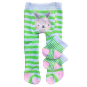 Die Puppenstrumpfhose und die Söckchen sind grün und weiß gestreift.