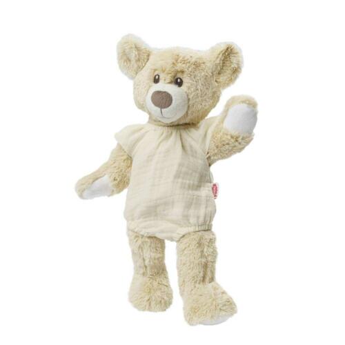 Ein Teddy trägt den Heless Body aus weichem Musselinstoff.