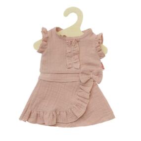 Das Puppenoutfit besteht aus einem Top und einem Wickelrock aus roséfarbenen Musselinstoff.